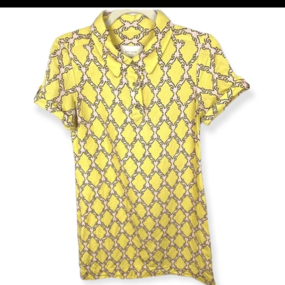 Kate Spade Silk & Linen Yellow Pink Dress Size XS Collared Cuffed Polo Mini